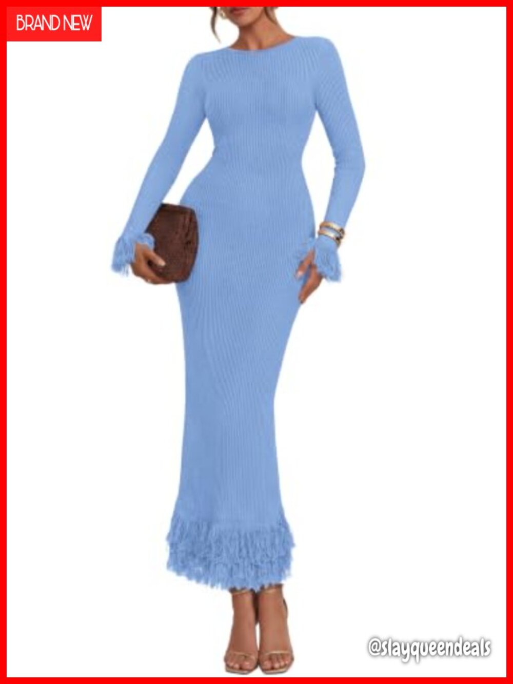 Womens Long Sleeve Bodycon Sweater Dress Fringe Trim Maxi
